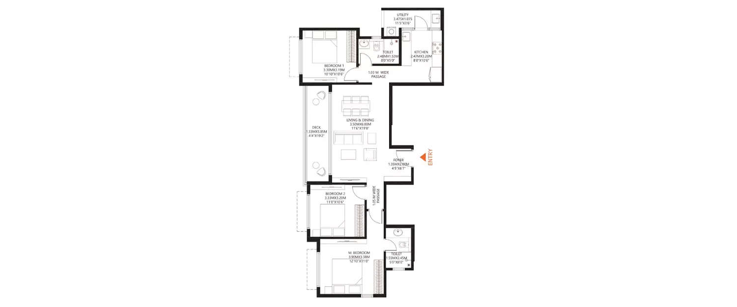 Floor plan for 3 BHK