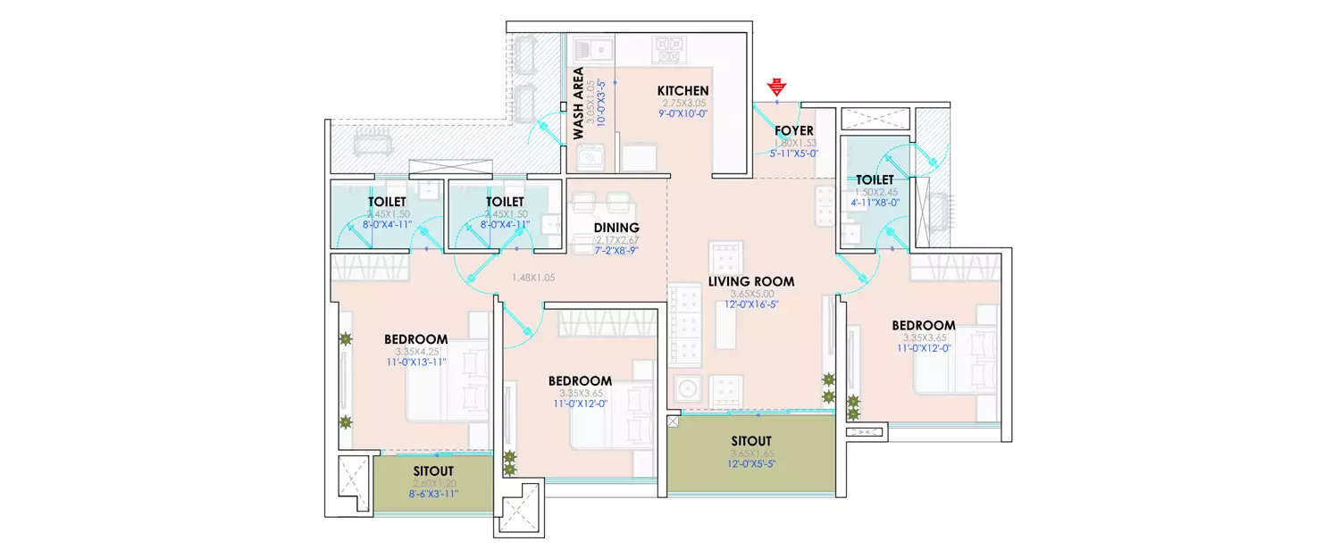 Floor plan for 3 BHK