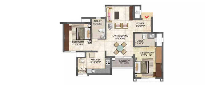 Prestige Boulevard Whitefield - Floor plan 2 BHK 767 Sq.ft