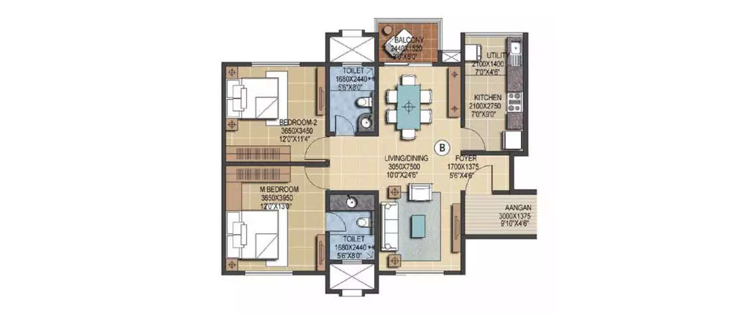 Floor plan for 2 BHK
