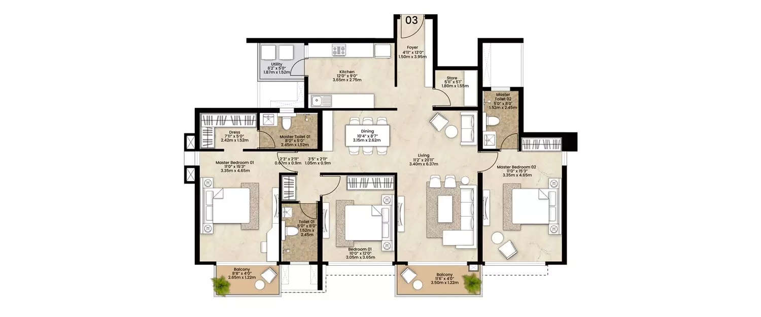 Floor plan for 3 BHK