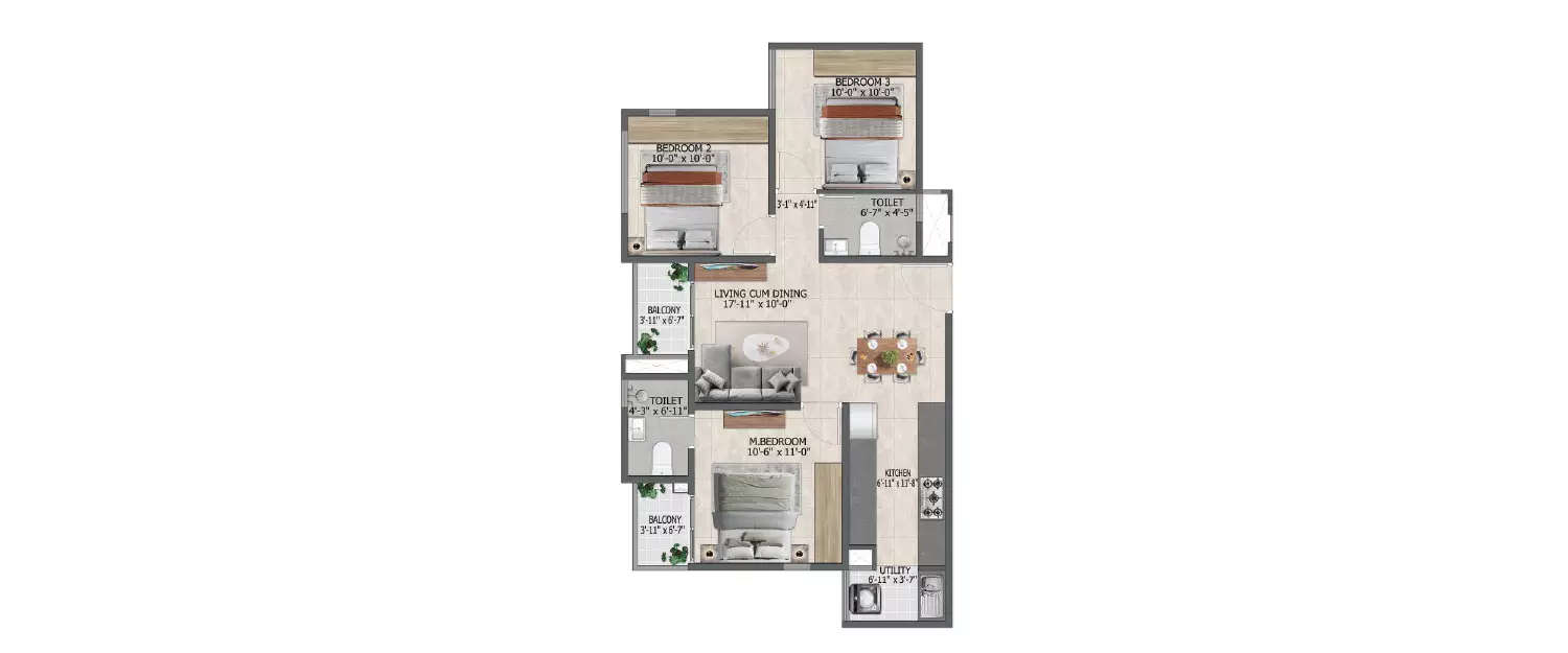 Floor plan for 3 BHK