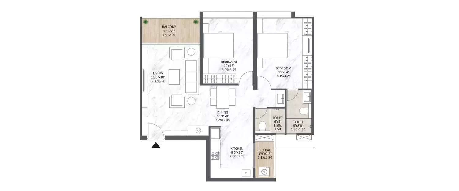 Floor plan for 2 BHK