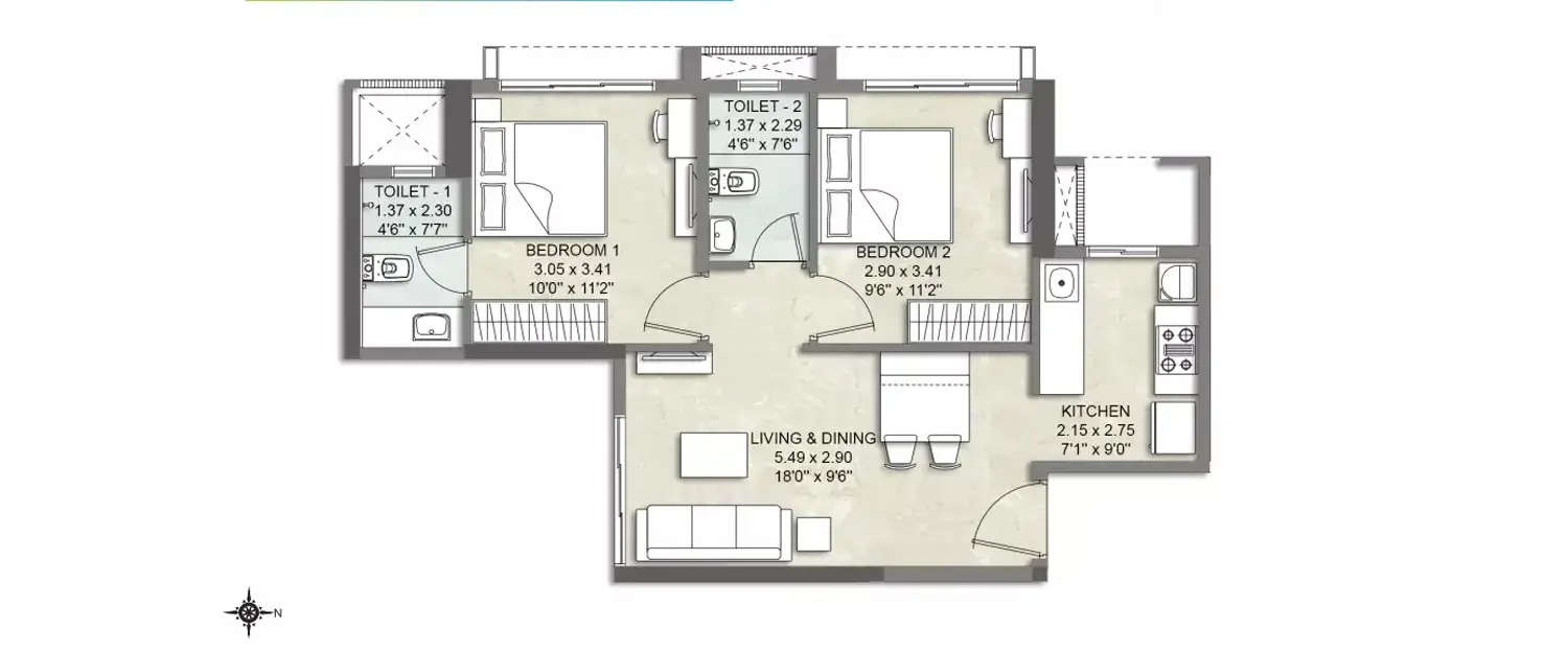 Floor plan for 2 BHK
