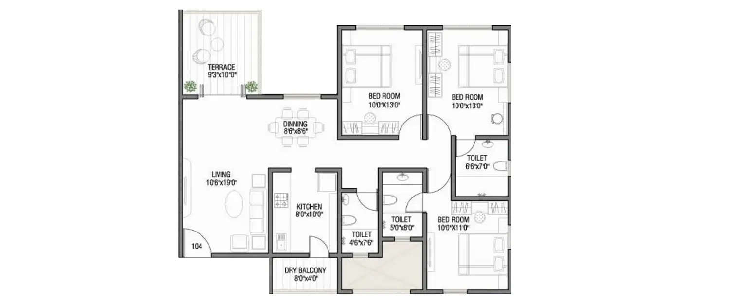Floor plan for 3 BHK