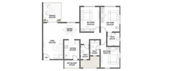Kolte Patil Cilantro Wagholi - Floor plan 3 BHK 1425 Sq.ft