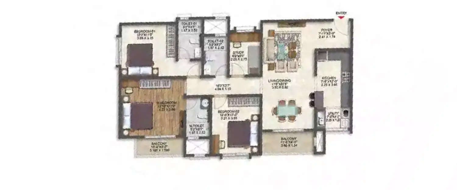 Floor plan for 3 BHK