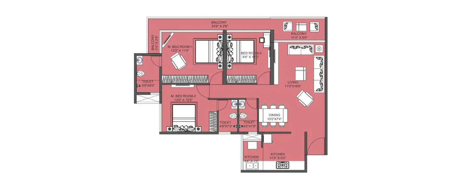 Floor plan for 3 BHK