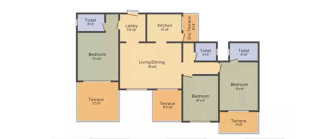 Kolte Patil Downtown Beryl Kharadi - Floor plan 3 BHK 1555 Sq.ft
