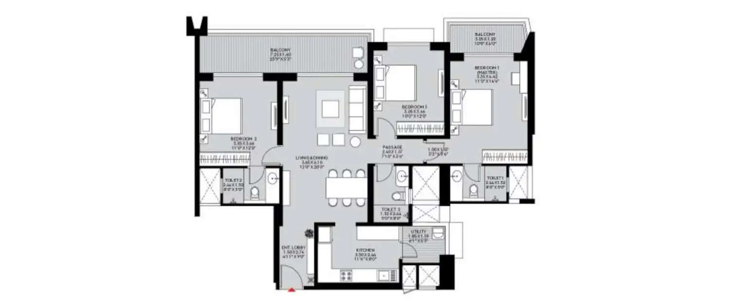 Floor plan for 3 BHK