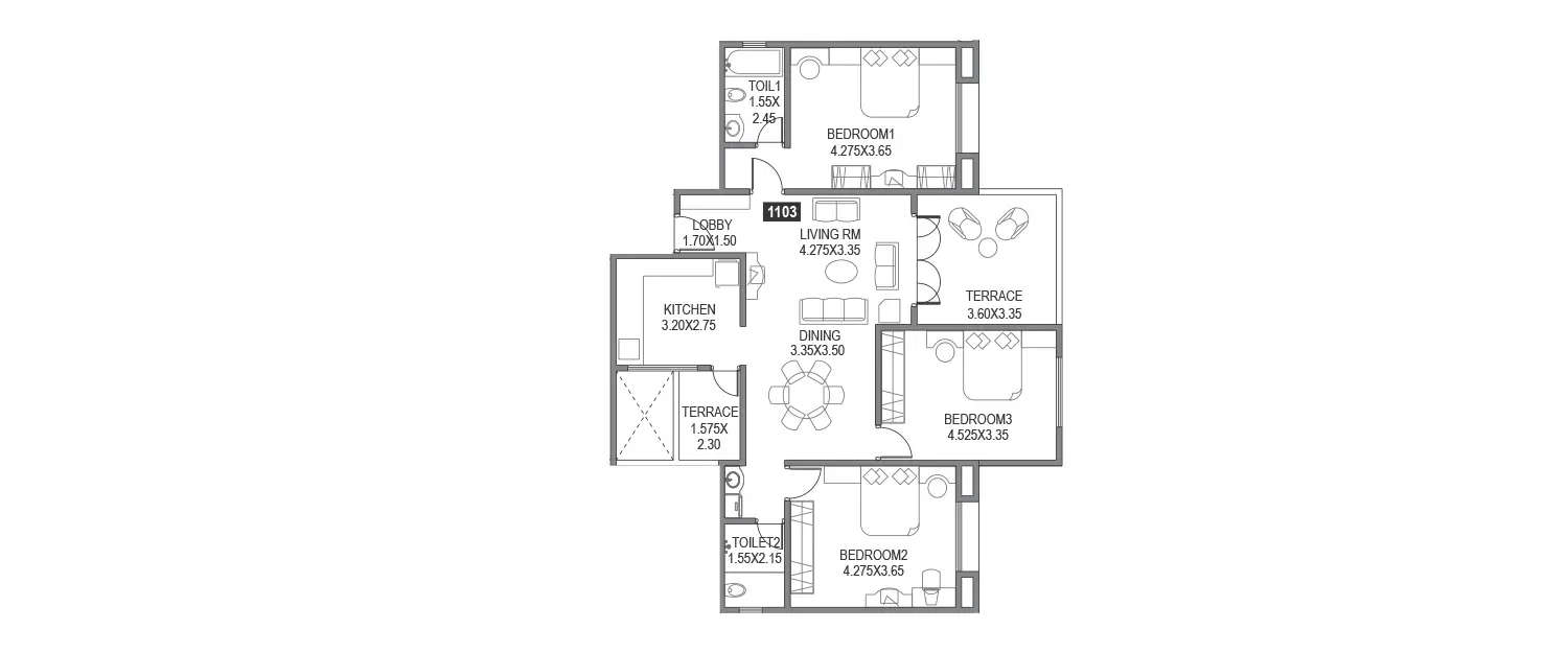 Floor plan for 3 BHK