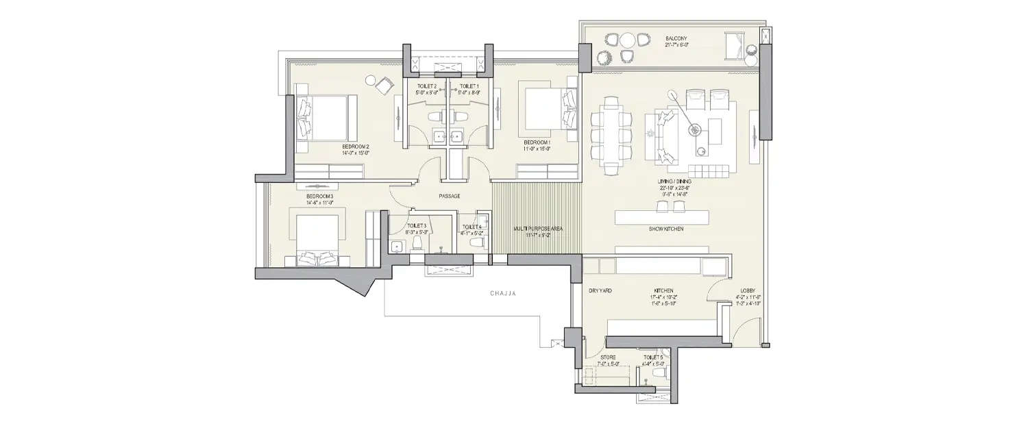 Floor plan for 3 BHK