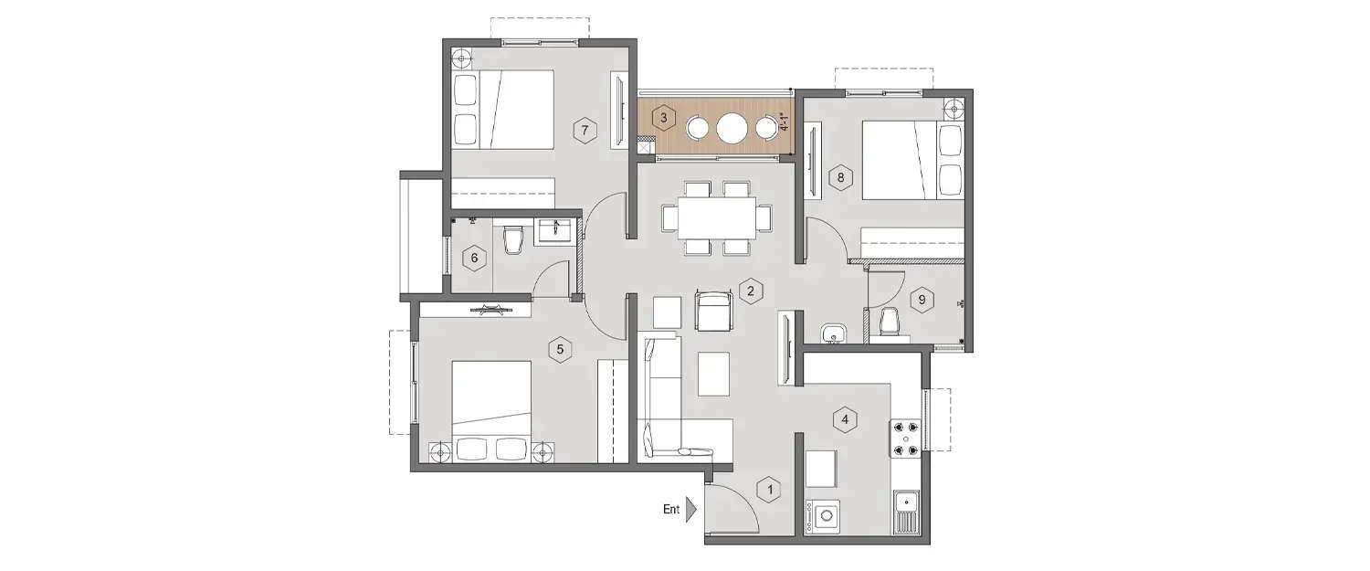 Floor plan for 3 BHK