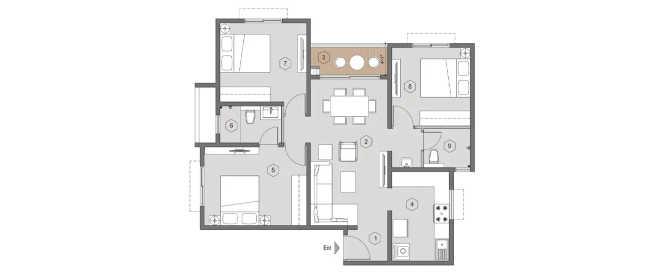 Purva Windermere Pallikaranai - Floor plan 3 BHK 1169 Sq.ft
