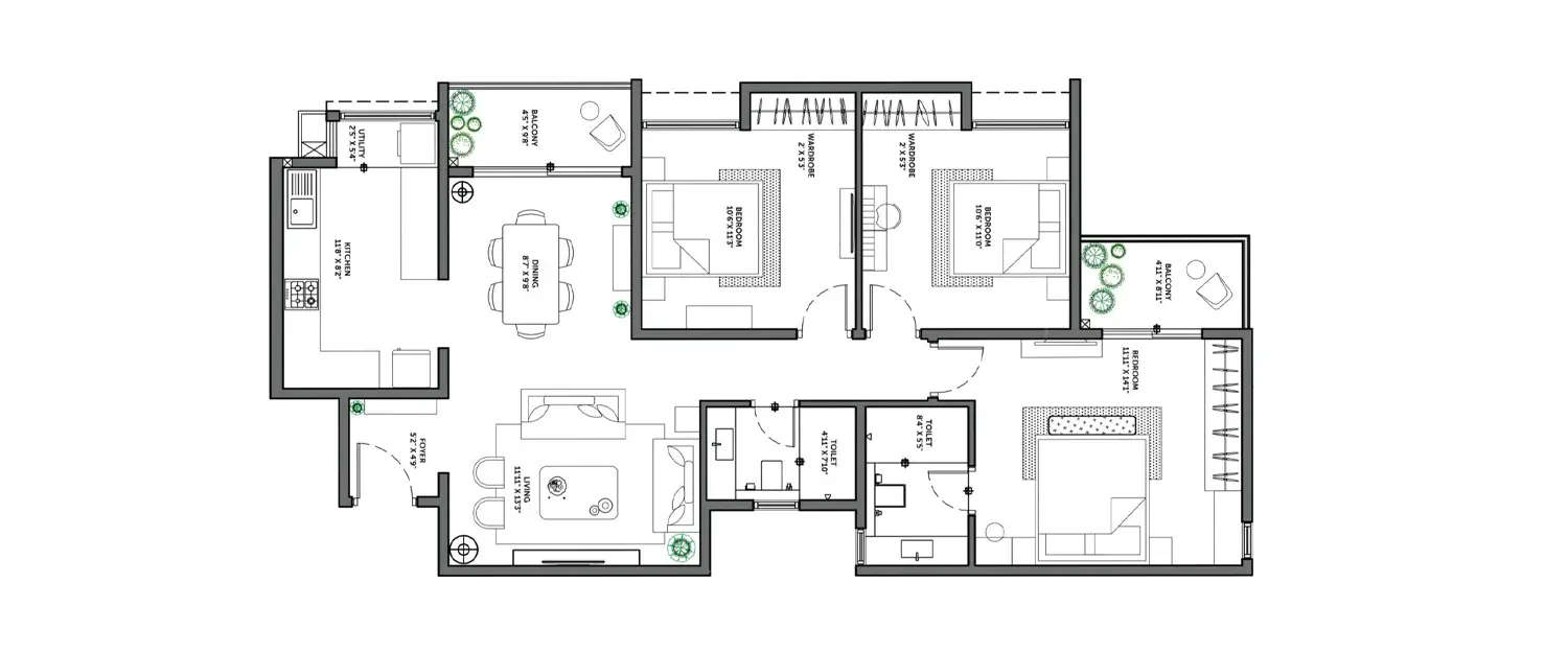 Floor plan for 3 BHK