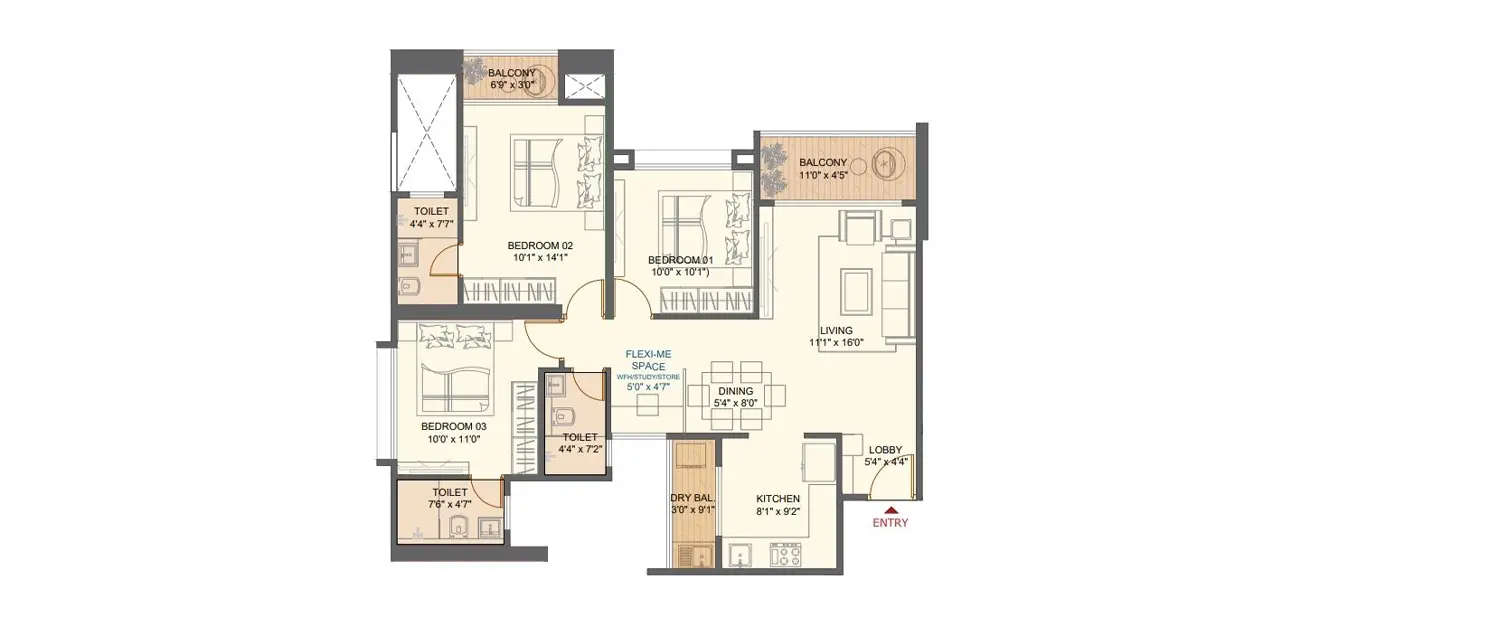 Floor plan for 3 BHK
