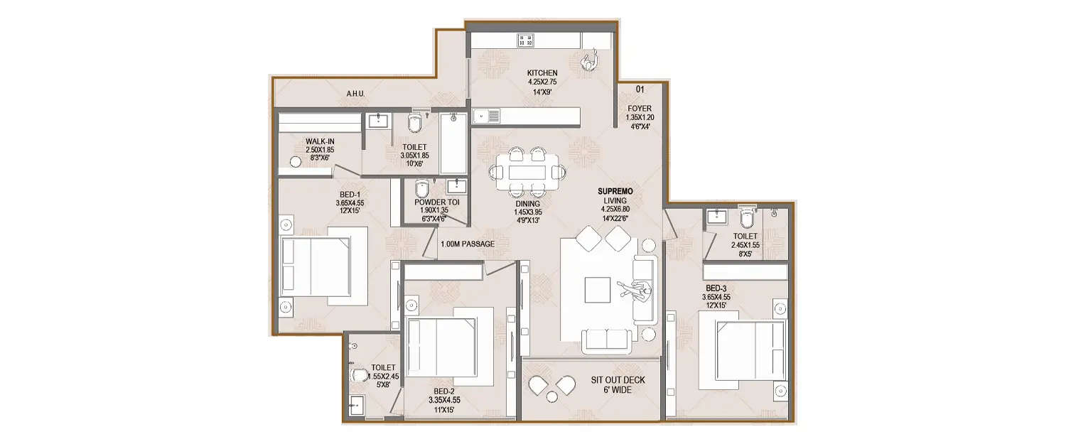 Floor plan for 3 BHK