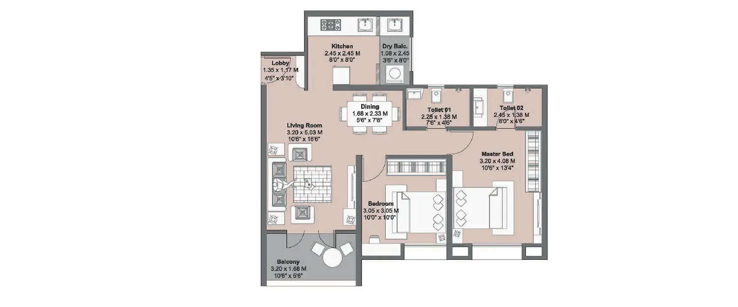 Floor plan for 2 BHK