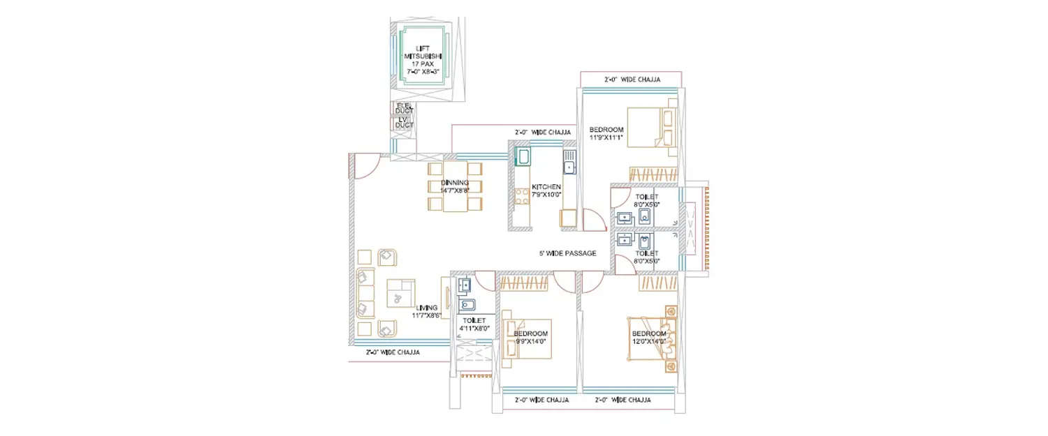 Floor plan for 3 BHK