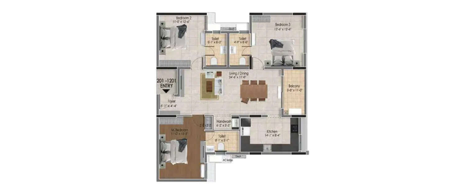 Floor plan for 3 BHK