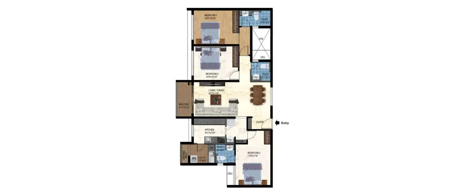 Floor plan for 3 BHK