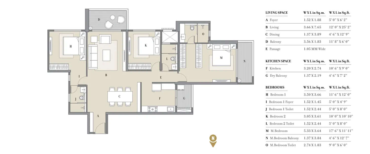 Floor plan for 3 BHK