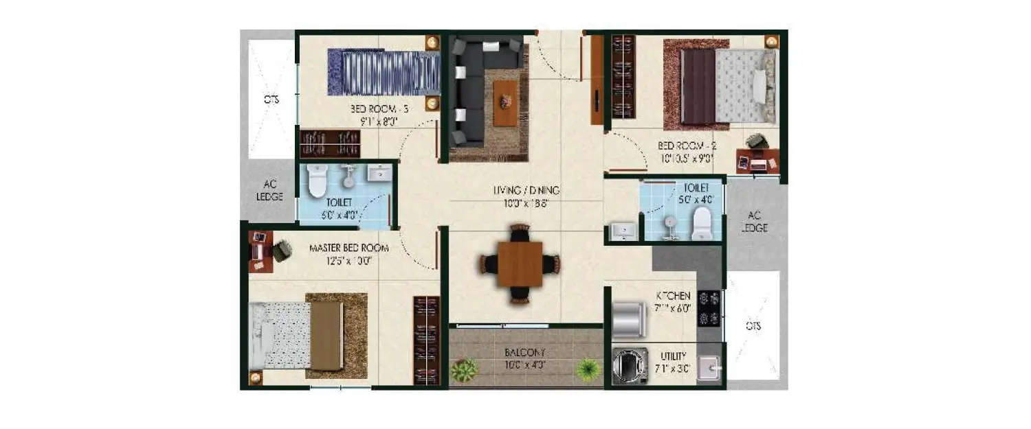 Floor plan for 3 BHK