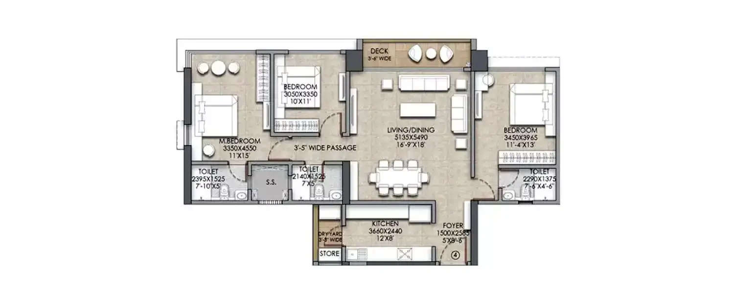 Floor plan for 3 BHK