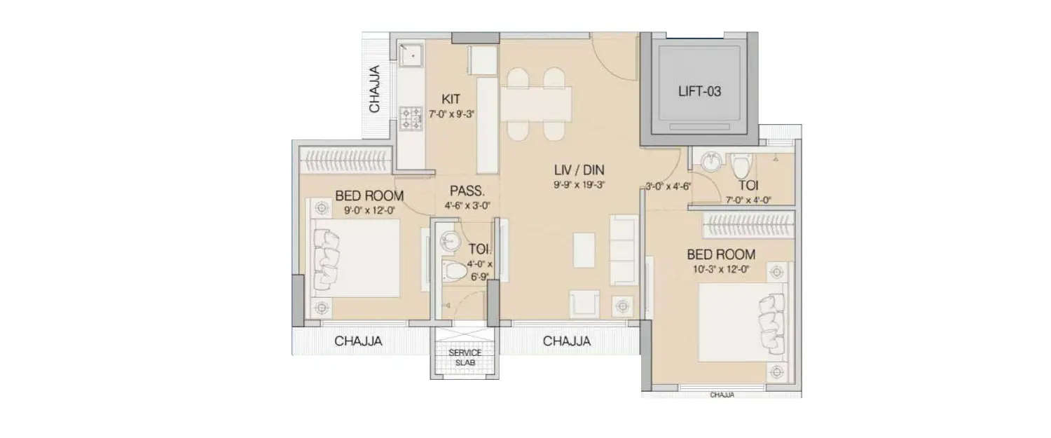 Floor plan for 2 BHK