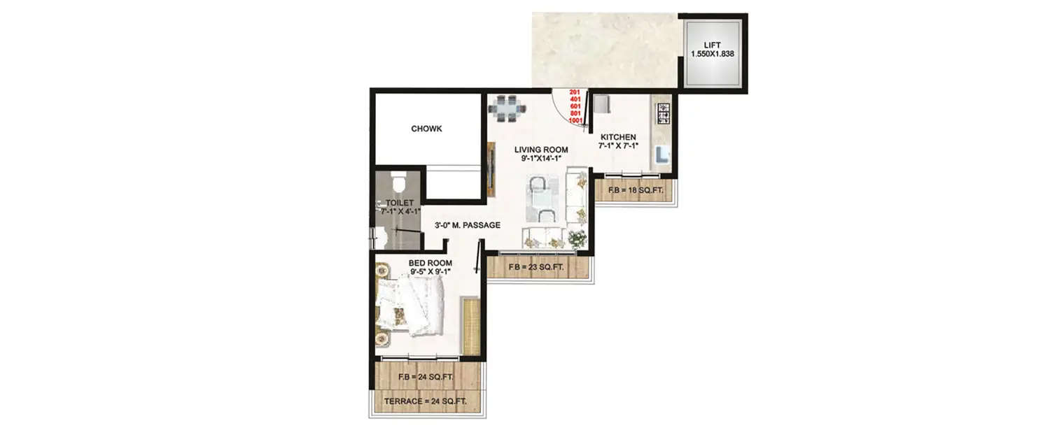 Floor plan for 1 BHK