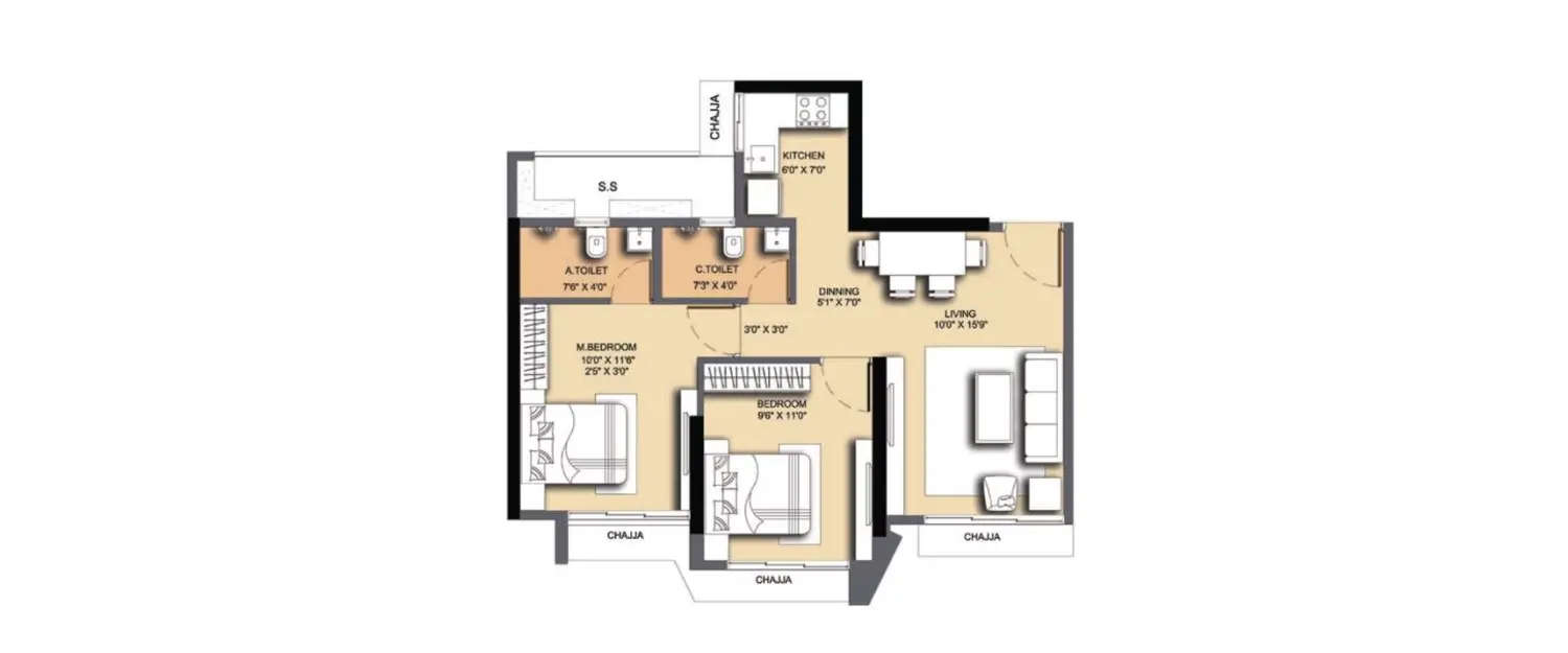 Floor plan for 2 BHK