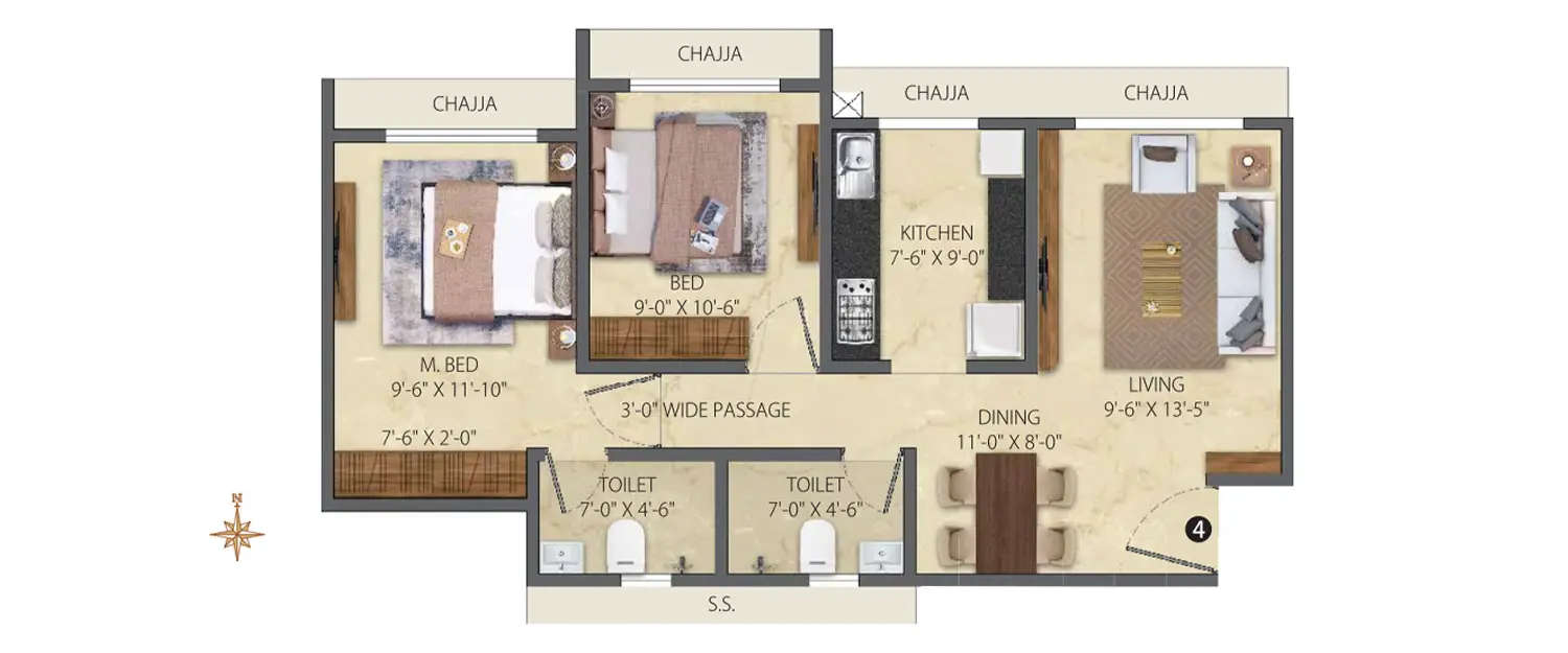 Floor plan for 2 BHK