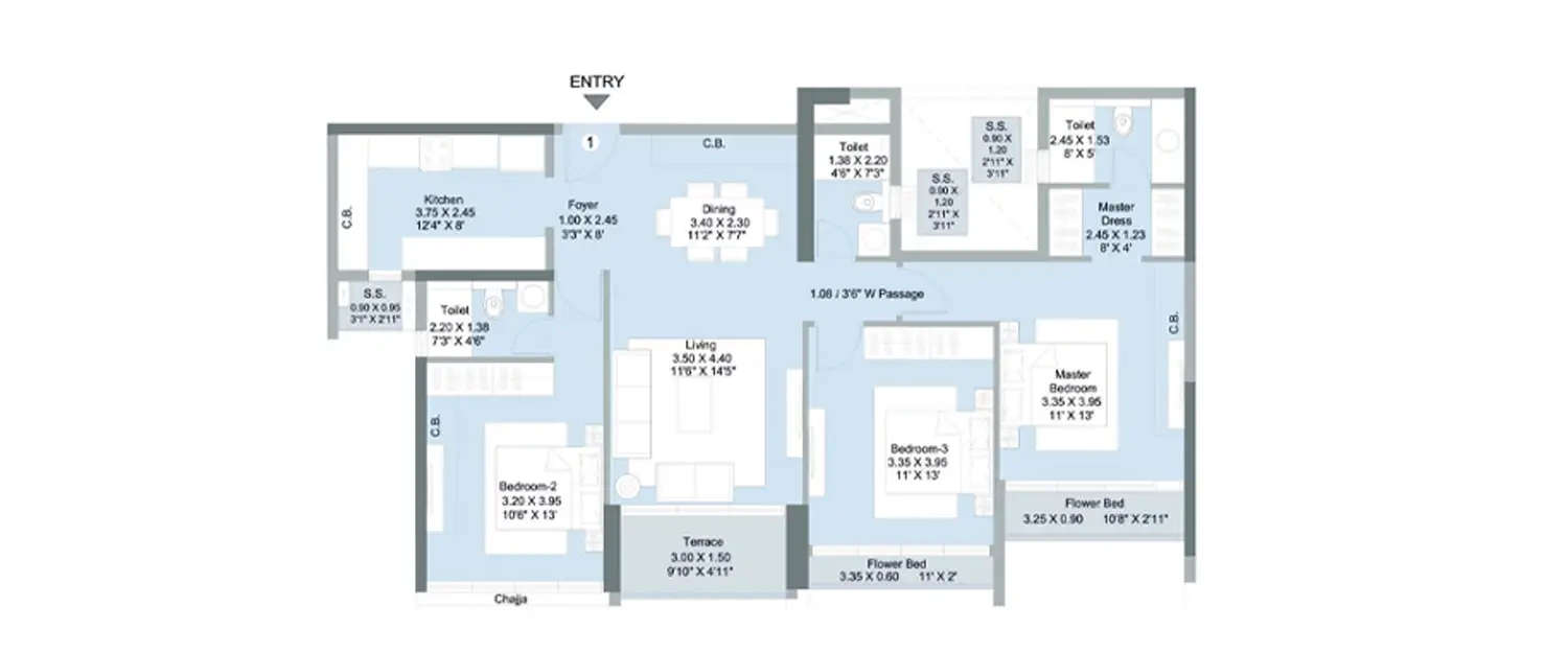 Floor plan for 3 BHK