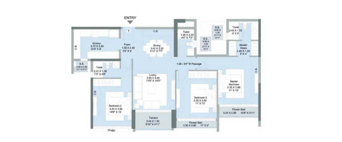 L & T Seawoods Residence Seawoods - Floor plan 3 BHK 1050 Sq.ft