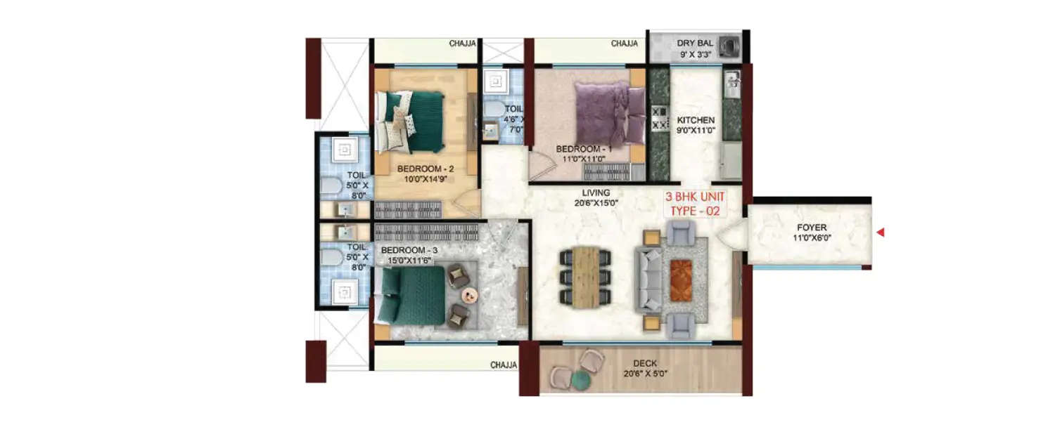 Floor plan for 3 BHK