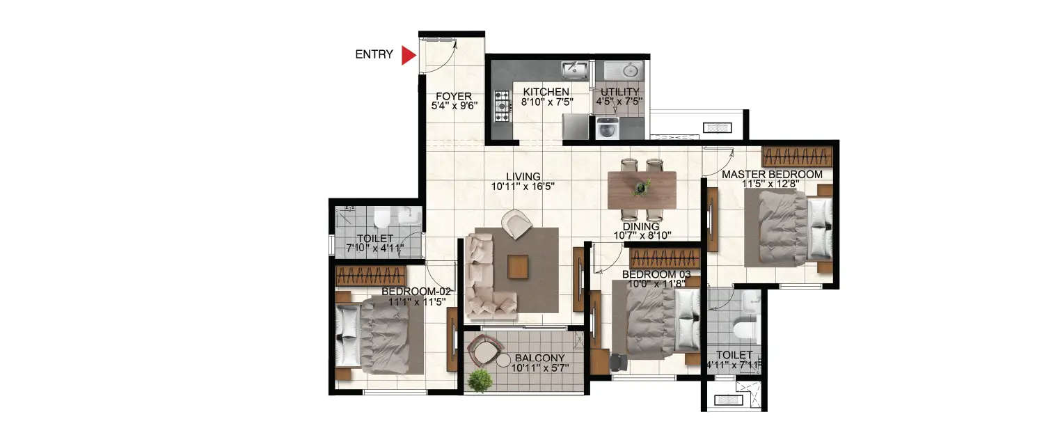 Floor plan for 3 BHK