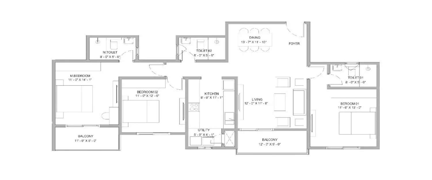 Floor plan for 3 BHK