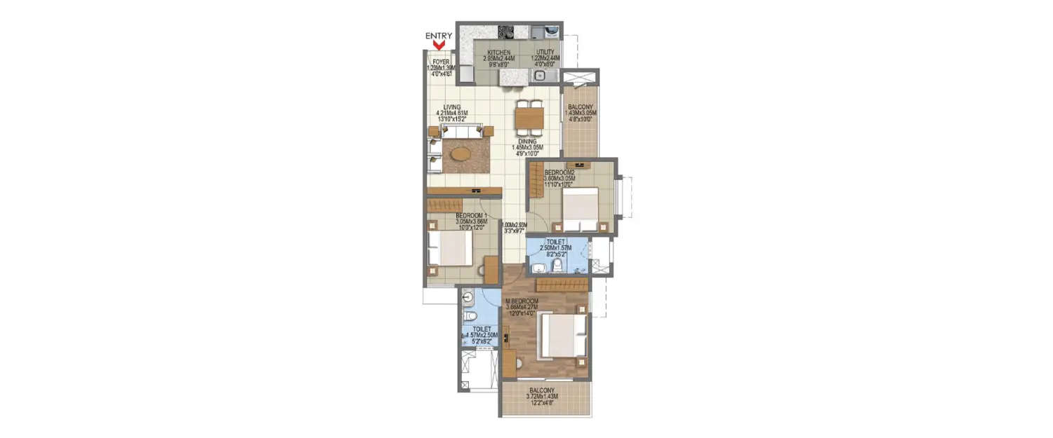 Floor plan for 3 BHK