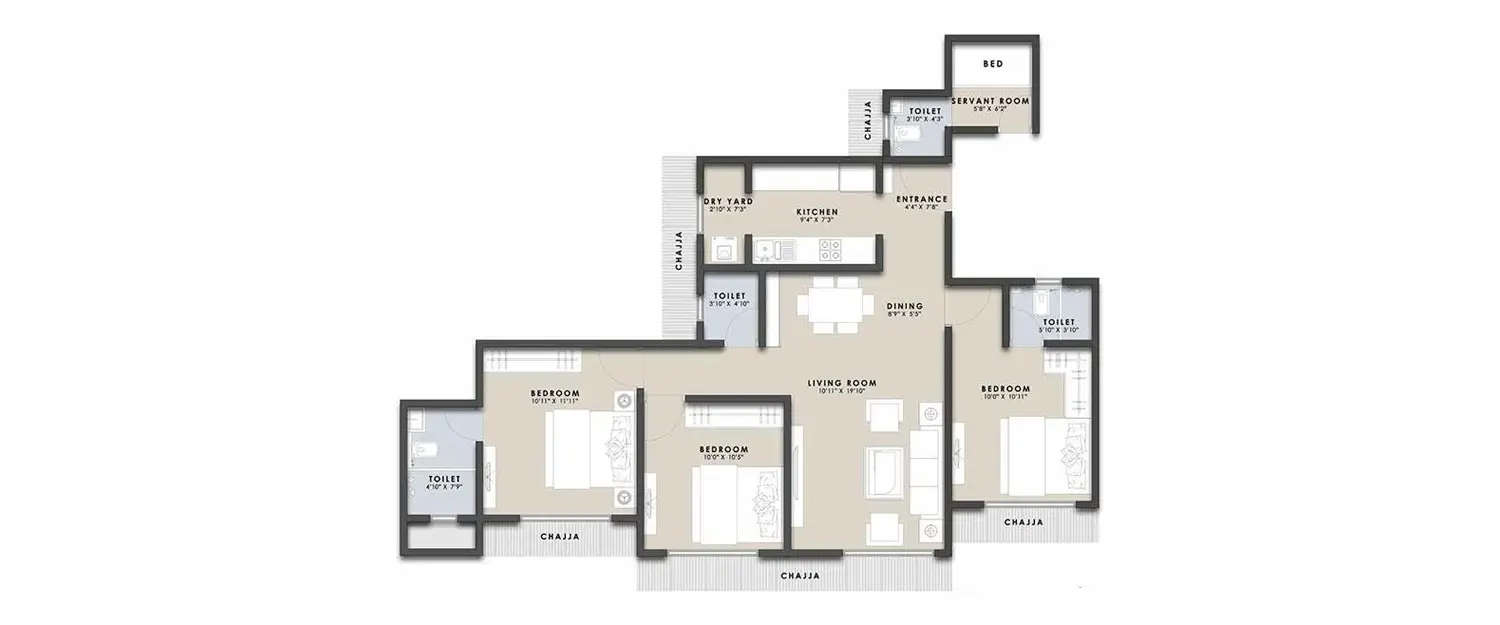 Floor plan for 3 BHK