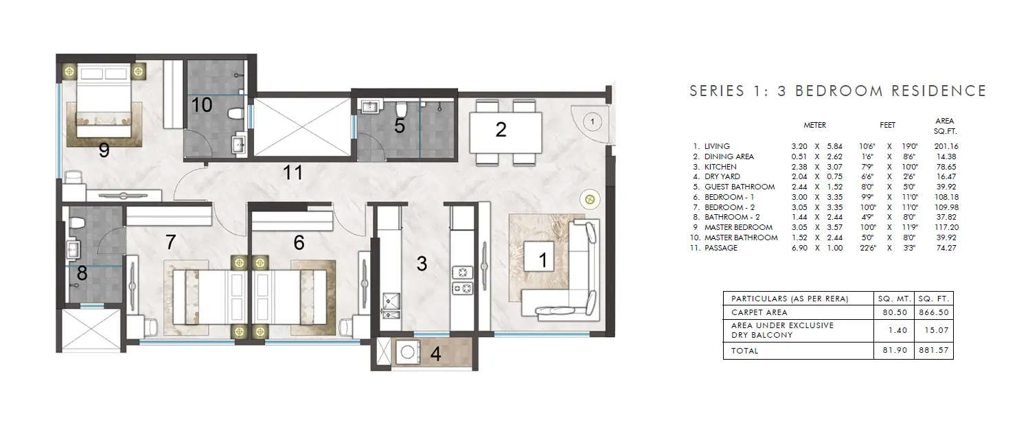 Floor plan for 3 BHK