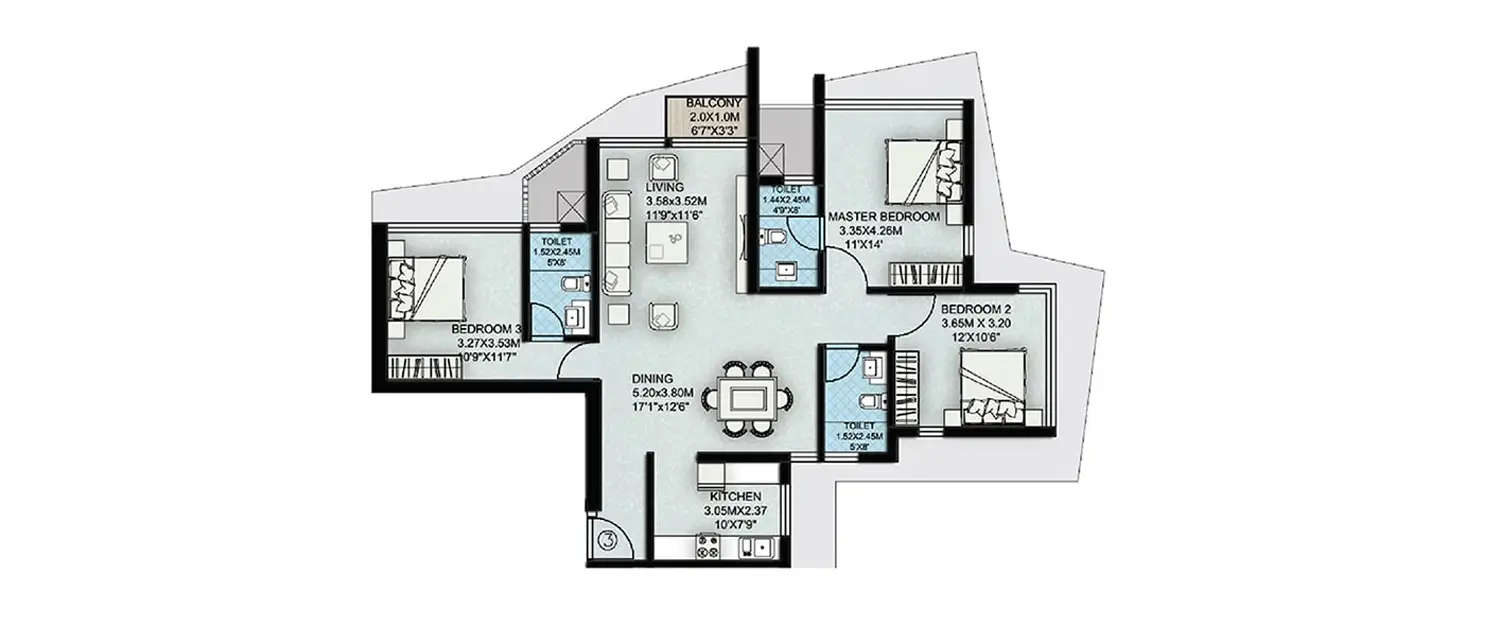 Floor plan for 3 BHK
