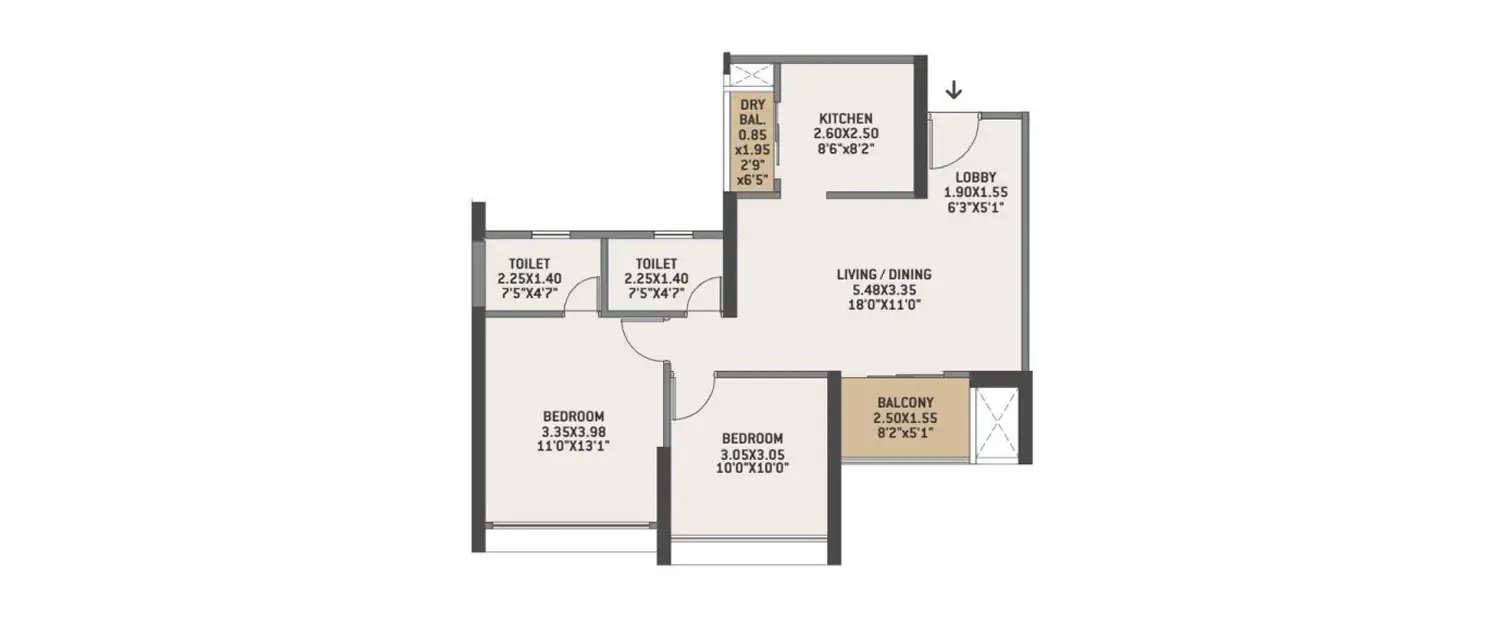 Floor plan for 2 BHK