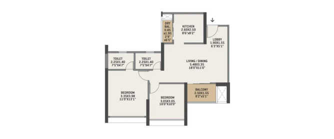 VTP Blue Waters Mahalunge - Floor plan 2 BHK 727 Sq.ft