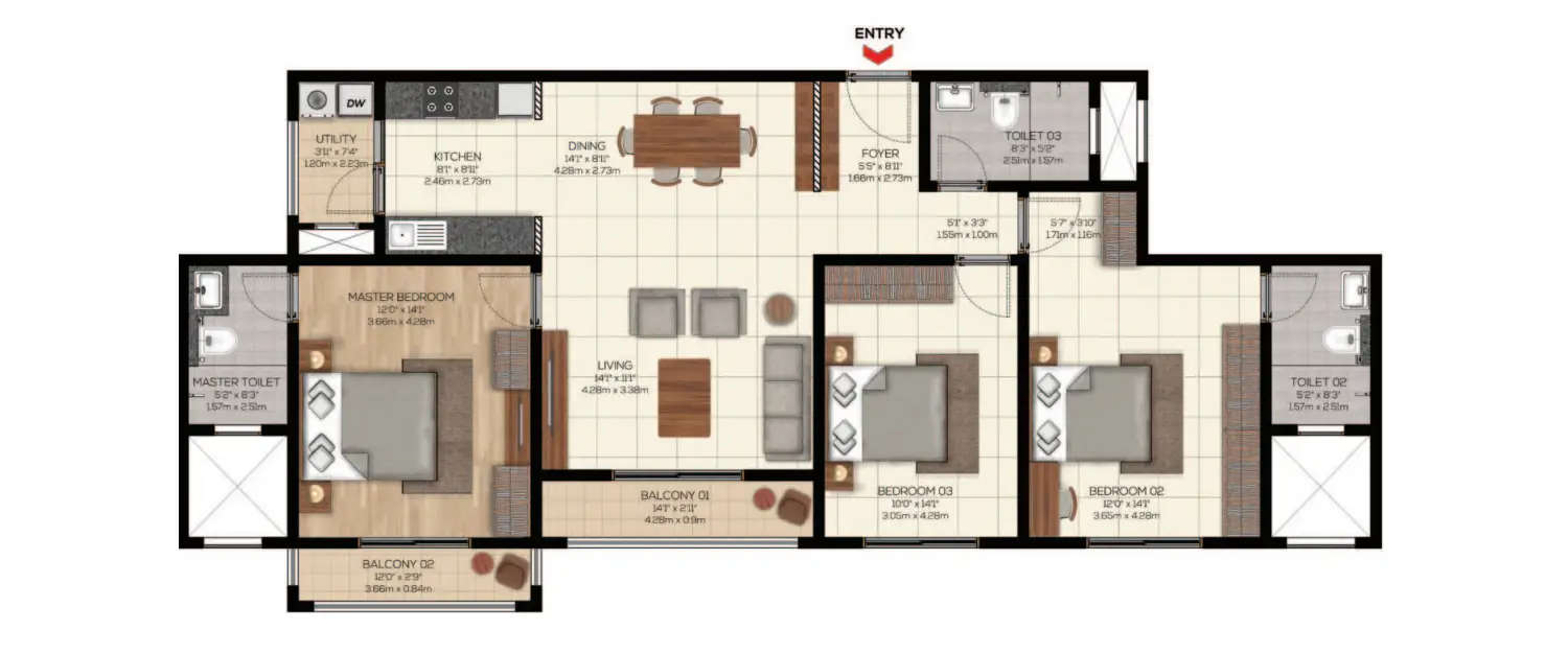 Floor plan for 3 BHK