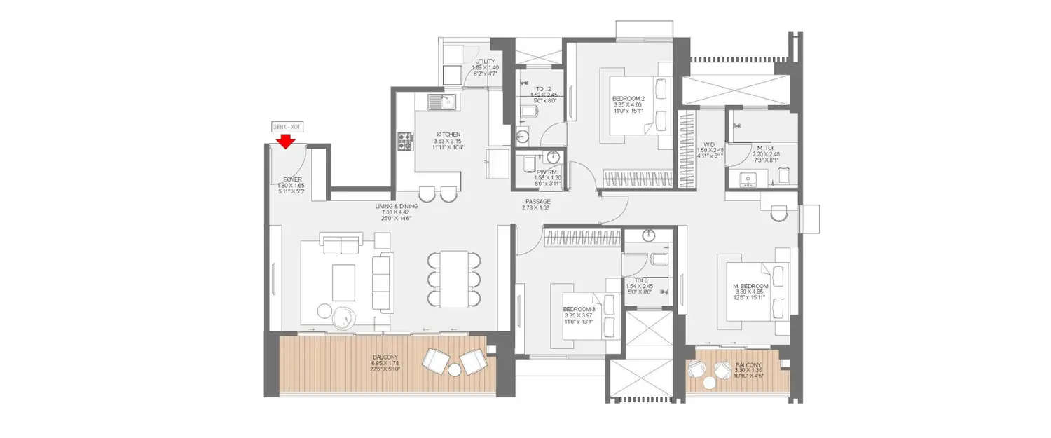 Floor plan for 3 BHK