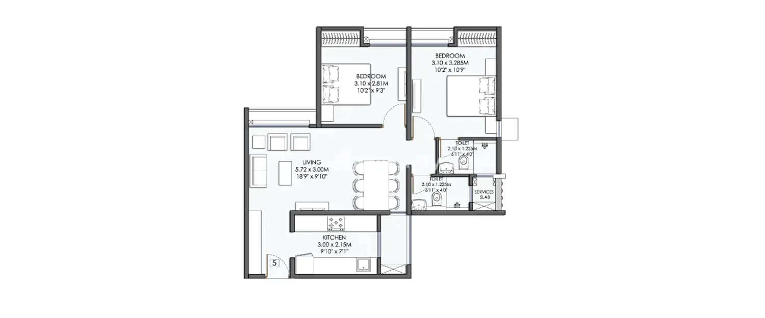 Floor plan for 2 BHK