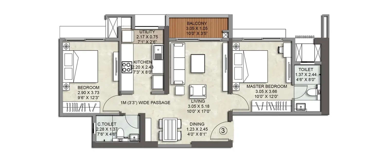 Floor plan for 2 BHK