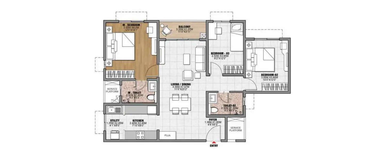 Floor plan for 3 BHK