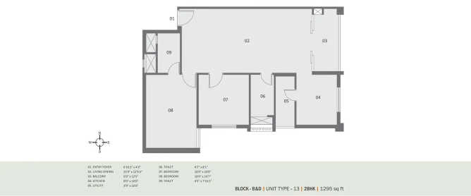 Pacifica Pride Towers Padur - Floor plan 2 BHK 1295 Sq.ft
