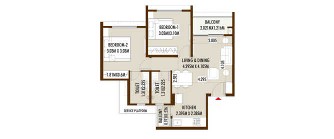 Kolte Patil Life Republic Universel Hinjewadi - Floor plan 2 BHK 560 Sq.ft